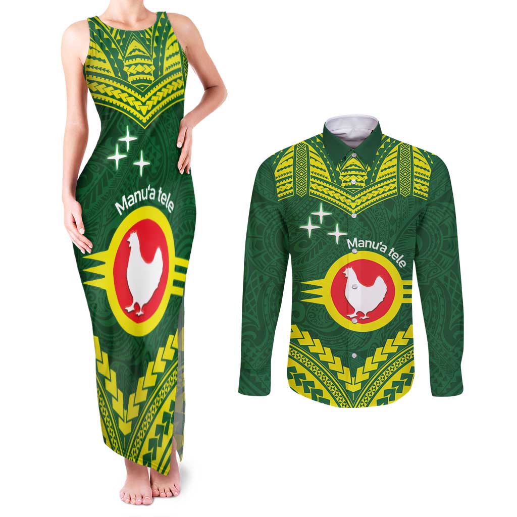 Manu'a Flag Day Couples Matching Tank Maxi Dress and Long Sleeve Button Shirt Polynesian Pattern National Color Proud LT14 Green - Polynesian Pride