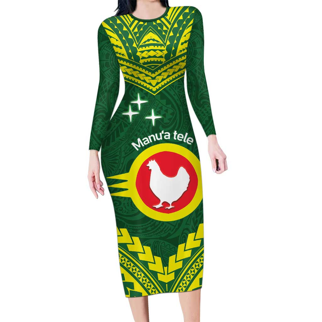 Manu'a Flag Day Family Matching Long Sleeve Bodycon Dress and Hawaiian Shirt Polynesian Pattern National Color Proud