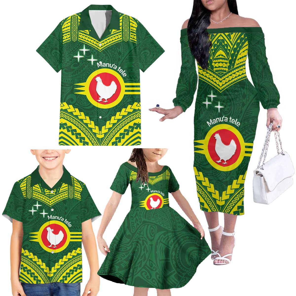 Manu'a Flag Day Family Matching Off The Shoulder Long Sleeve Dress and Hawaiian Shirt Polynesian Pattern National Color Proud LT14 - Polynesian Pride