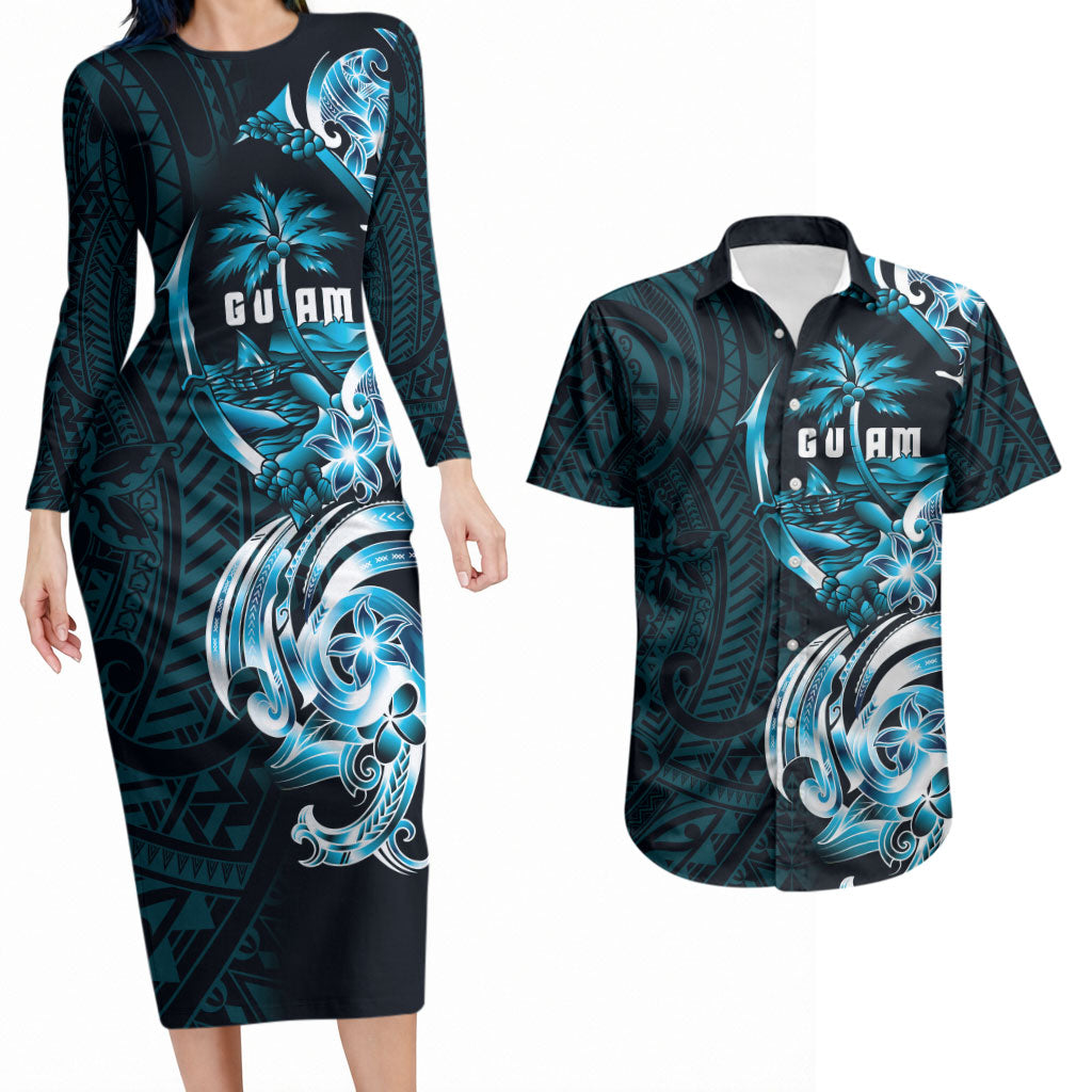 Asut Guam Chamorro Couples Matching Long Sleeve Bodycon Dress and Hawaiian Shirt Guahan Seal Tattoo LT14 Blue - Polynesian Pride