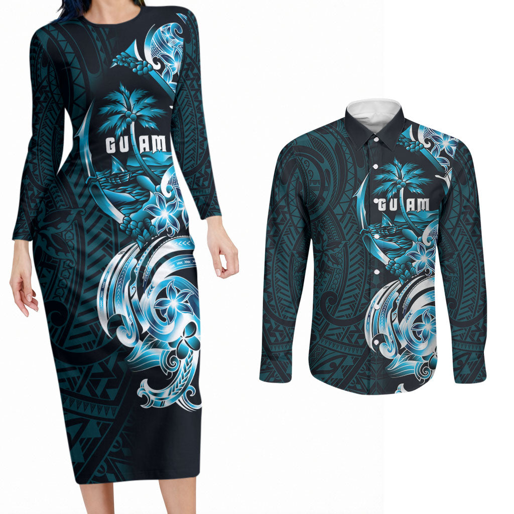 Asut Guam Chamorro Couples Matching Long Sleeve Bodycon Dress and Long Sleeve Button Shirt Guahan Seal Tattoo LT14 Blue - Polynesian Pride
