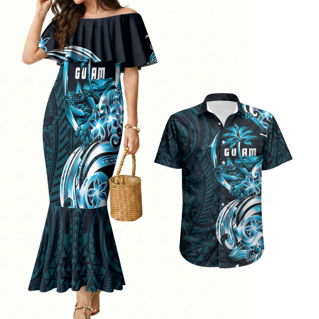 Asut Guam Chamorro Couples Matching Mermaid Dress and Hawaiian Shirt Guahan Seal Tattoo LT14 Blue - Polynesian Pride