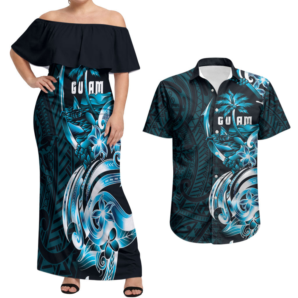 Asut Guam Chamorro Couples Matching Off Shoulder Maxi Dress and Hawaiian Shirt Guahan Seal Tattoo LT14 Blue - Polynesian Pride