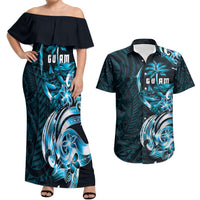 Asut Guam Chamorro Couples Matching Off Shoulder Maxi Dress and Hawaiian Shirt Guahan Seal Tattoo LT14 Blue - Polynesian Pride