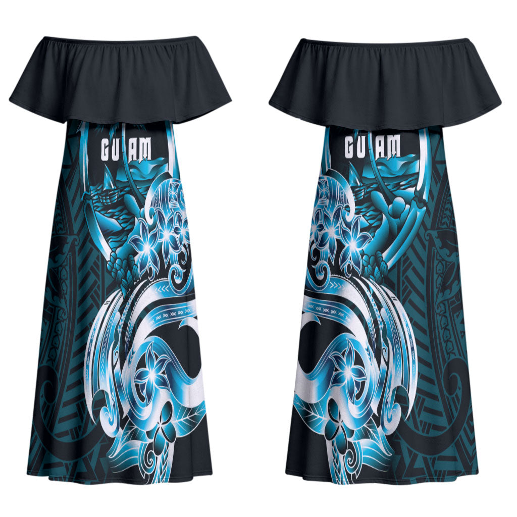 Asut Guam Chamorro Couples Matching Off Shoulder Maxi Dress and Hawaiian Shirt Guahan Seal Tattoo LT14 - Polynesian Pride
