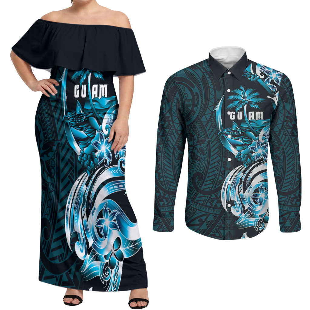 Asut Guam Chamorro Couples Matching Off Shoulder Maxi Dress and Long Sleeve Button Shirt Guahan Seal Tattoo LT14 Blue - Polynesian Pride