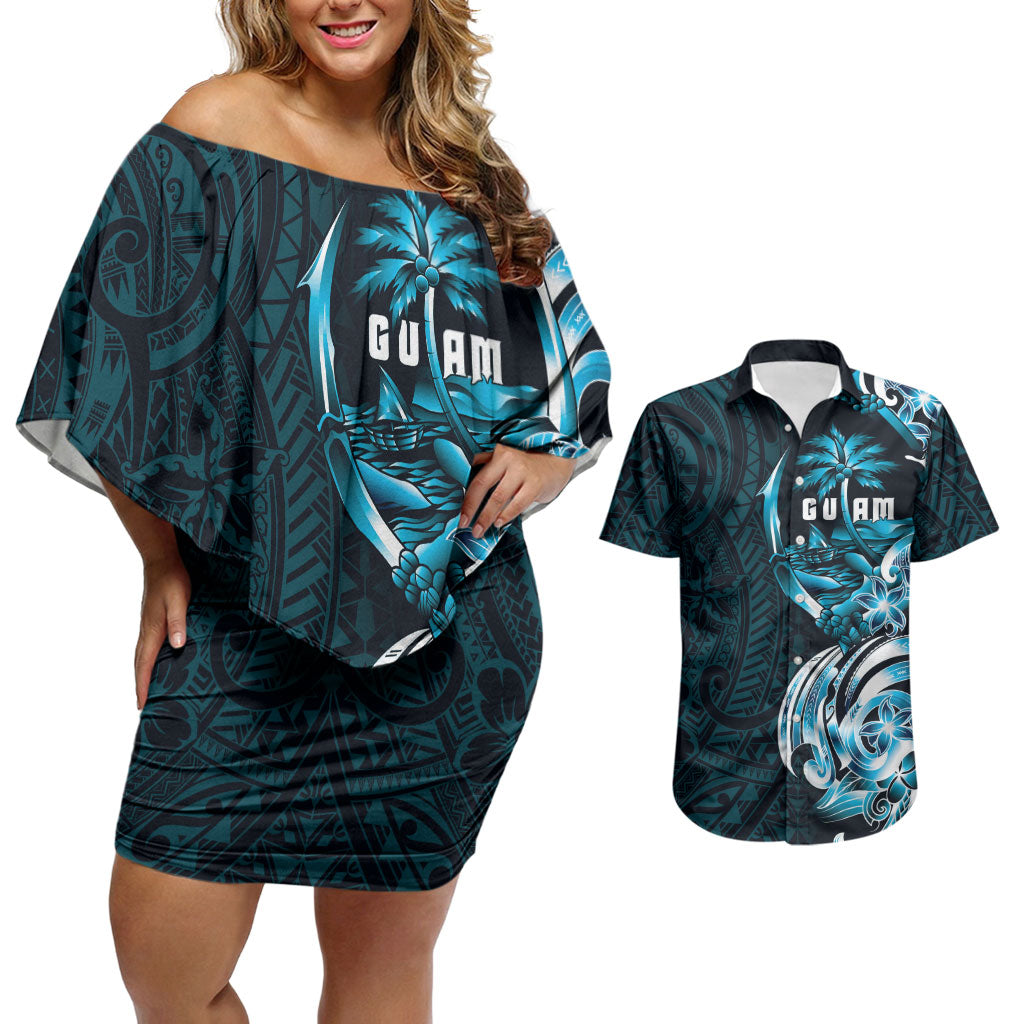 Asut Guam Chamorro Couples Matching Off Shoulder Short Dress and Hawaiian Shirt Guahan Seal Tattoo LT14 Blue - Polynesian Pride
