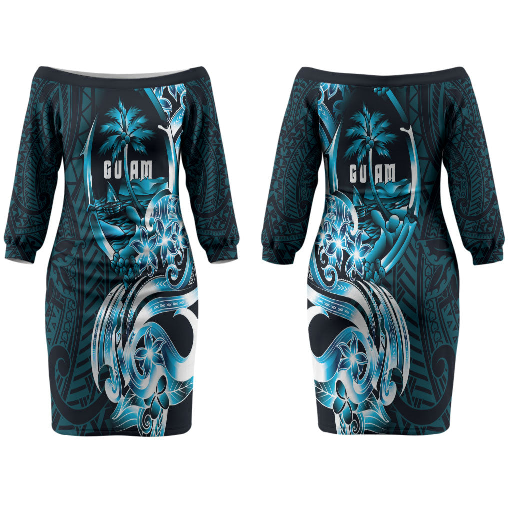 Asut Guam Chamorro Couples Matching Off The Shoulder Long Sleeve Dress and Hawaiian Shirt Guahan Seal Tattoo LT14 - Polynesian Pride