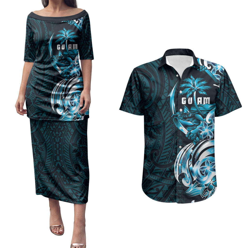 Asut Guam Chamorro Couples Matching Puletasi and Hawaiian Shirt Guahan Seal Tattoo LT14 Blue - Polynesian Pride