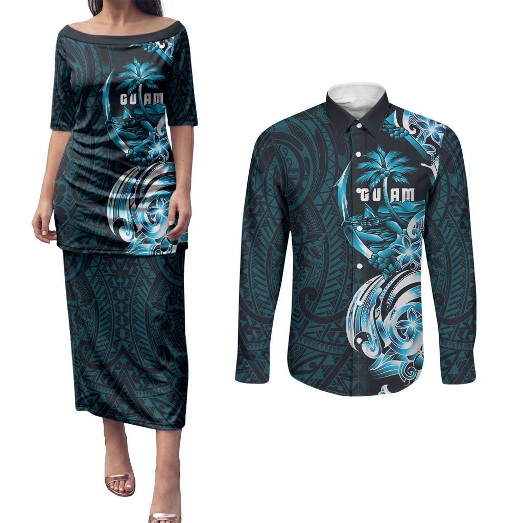 Asut Guam Chamorro Couples Matching Puletasi and Long Sleeve Button Shirt Guahan Seal Tattoo LT14 Blue - Polynesian Pride