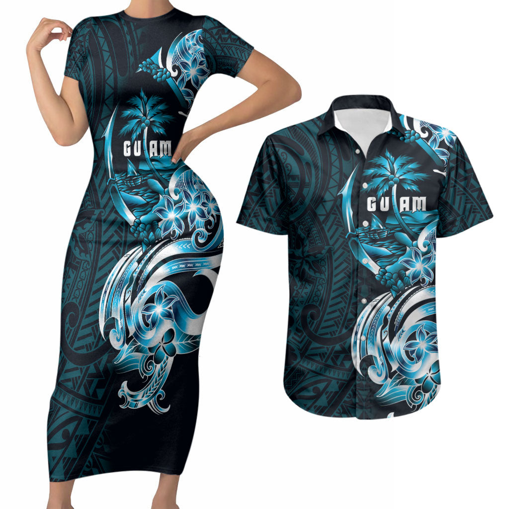 Asut Guam Chamorro Couples Matching Short Sleeve Bodycon Dress and Hawaiian Shirt Guahan Seal Tattoo LT14 Blue - Polynesian Pride