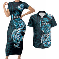 Asut Guam Chamorro Couples Matching Short Sleeve Bodycon Dress and Hawaiian Shirt Guahan Seal Tattoo LT14 Blue - Polynesian Pride