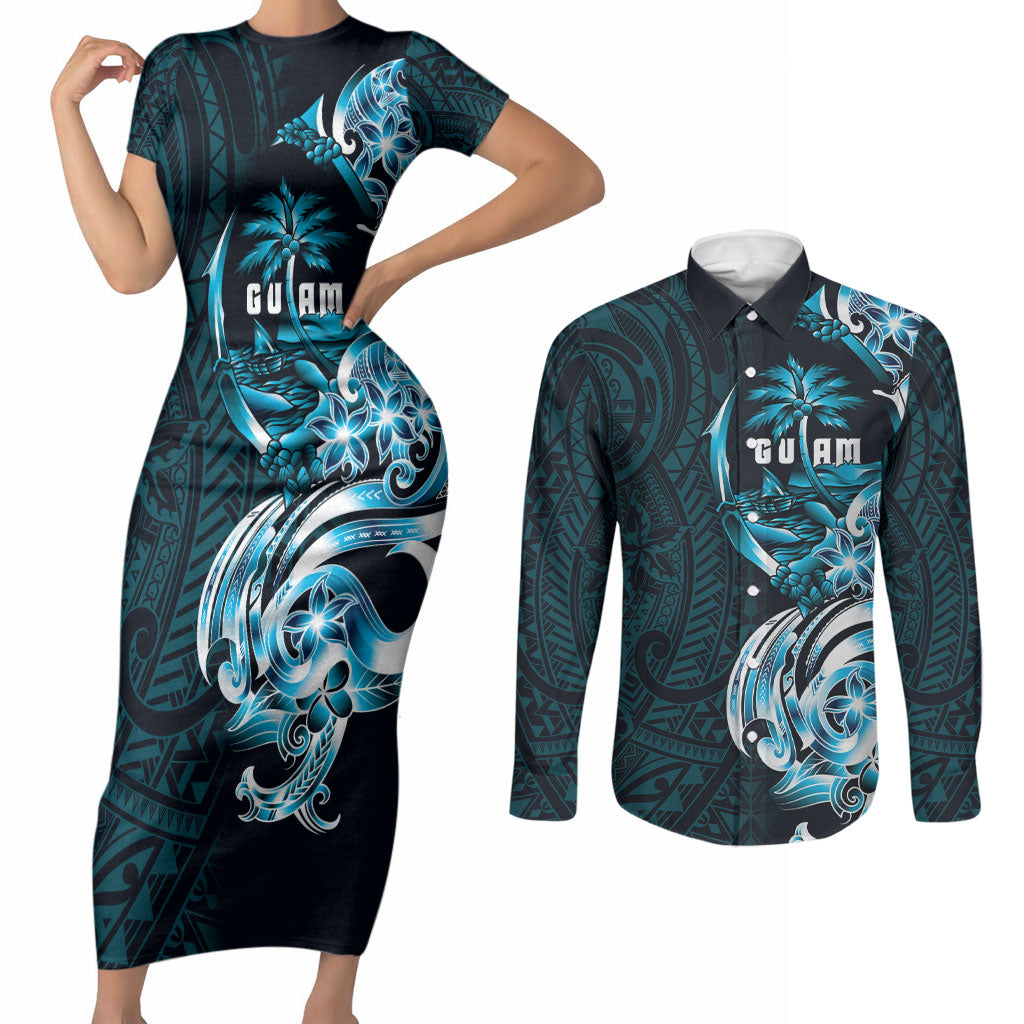 Asut Guam Chamorro Couples Matching Short Sleeve Bodycon Dress and Long Sleeve Button Shirt Guahan Seal Tattoo LT14 Blue - Polynesian Pride