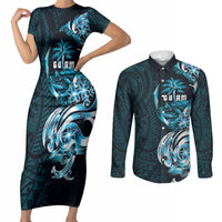 Asut Guam Chamorro Couples Matching Short Sleeve Bodycon Dress and Long Sleeve Button Shirt Guahan Seal Tattoo LT14 Blue - Polynesian Pride