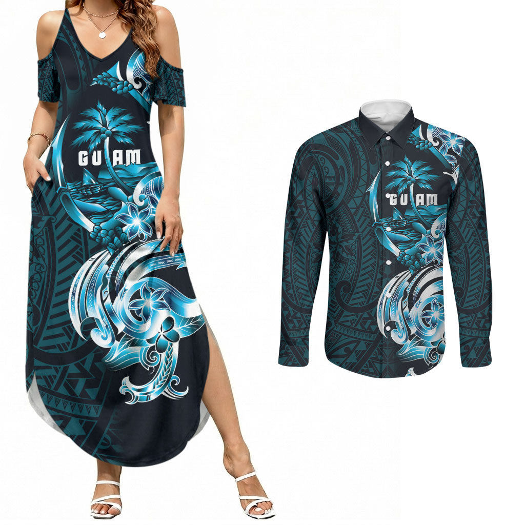 Asut Guam Chamorro Couples Matching Summer Maxi Dress and Long Sleeve Button Shirt Guahan Seal Tattoo LT14 Blue - Polynesian Pride