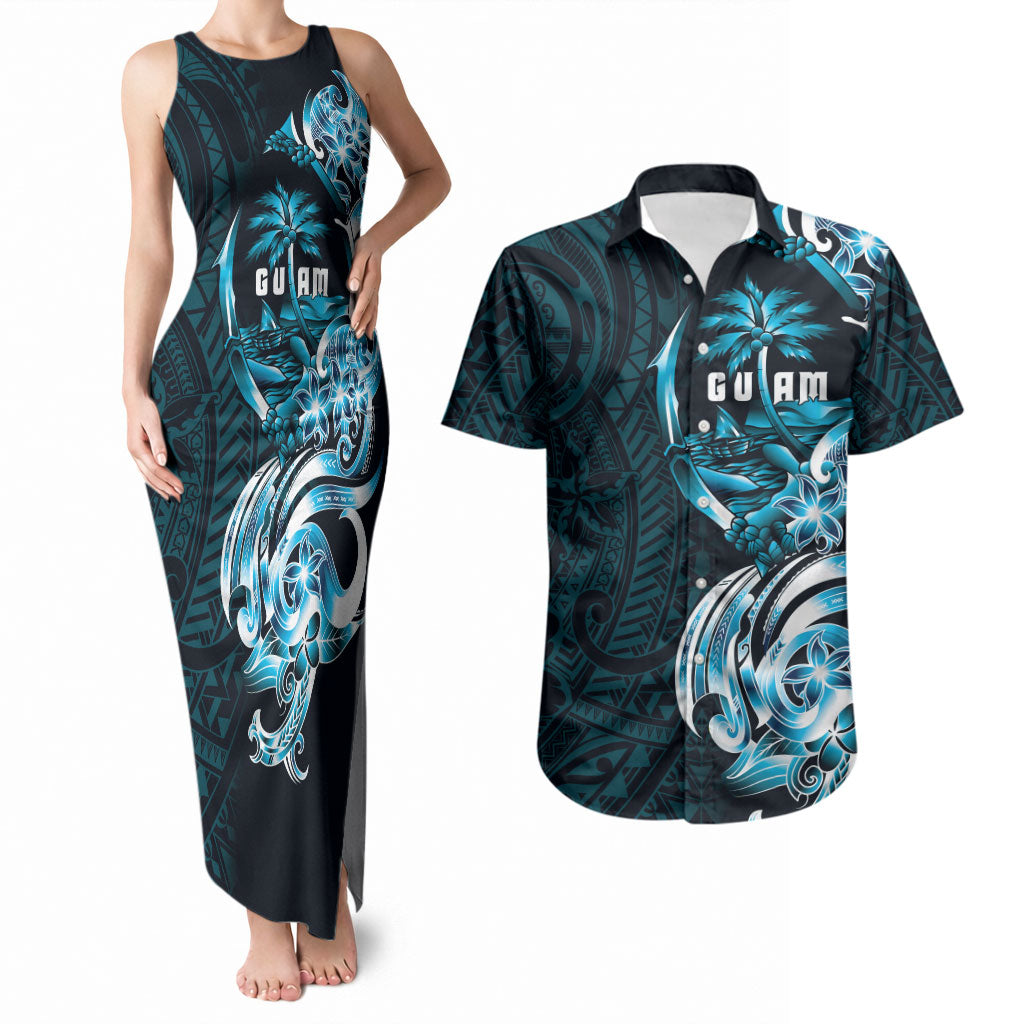 Asut Guam Chamorro Couples Matching Tank Maxi Dress and Hawaiian Shirt Guahan Seal Tattoo LT14 Blue - Polynesian Pride