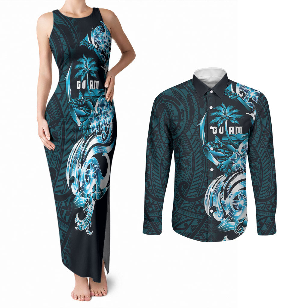 Asut Guam Chamorro Couples Matching Tank Maxi Dress and Long Sleeve Button Shirt Guahan Seal Tattoo LT14 Blue - Polynesian Pride