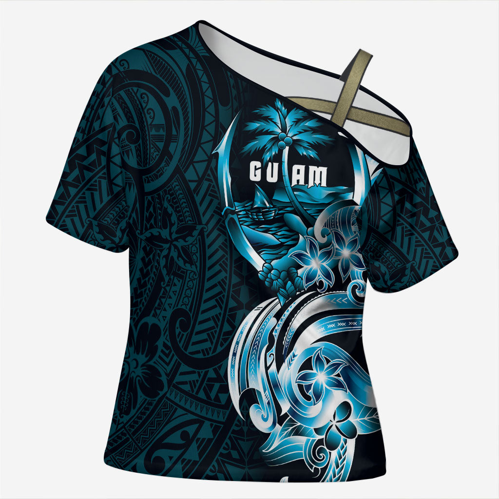 Asut Guam Chamorro Cross Shoulder Shirt Guahan Seal Tattoo LT14 Female Blue - Polynesian Pride