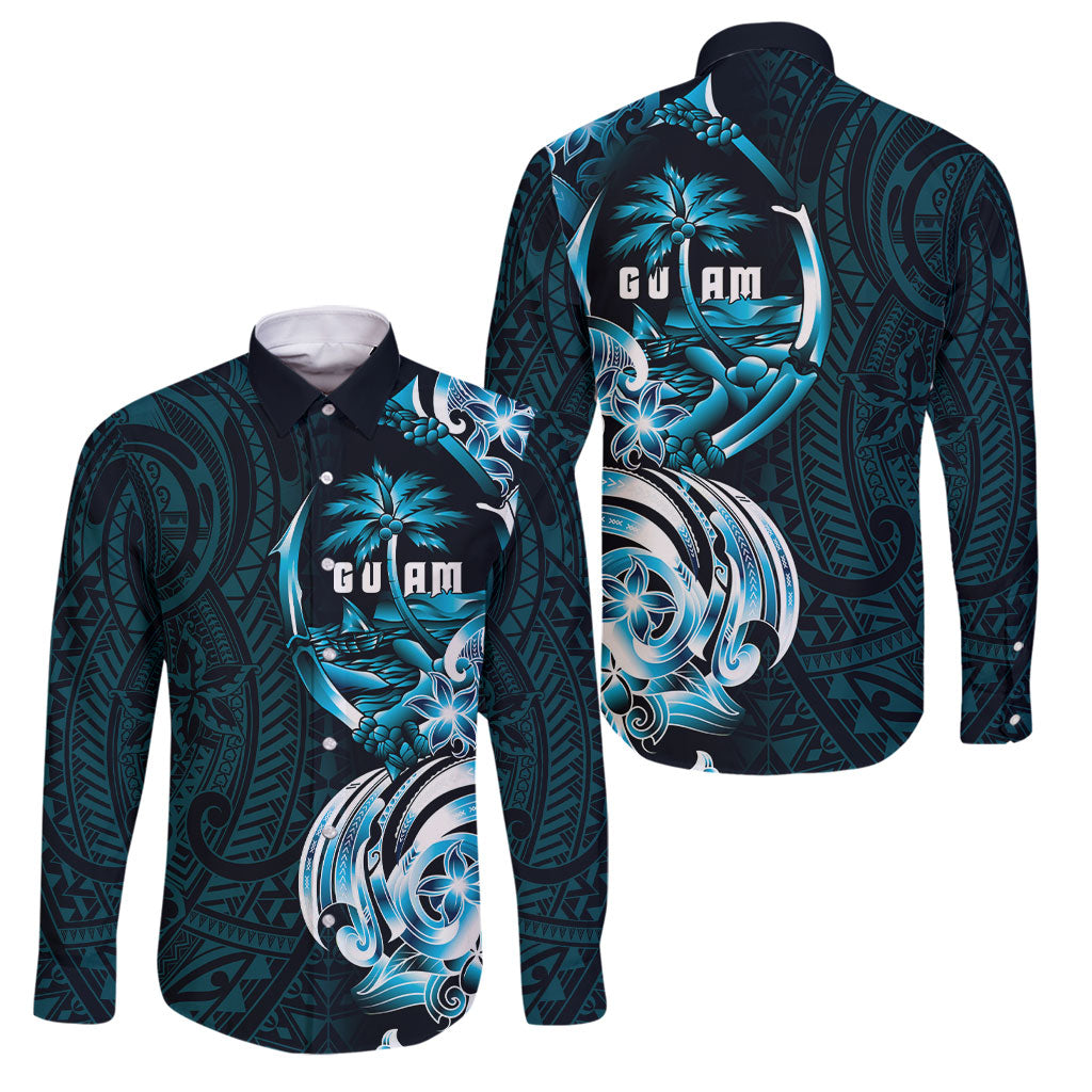 Asut Guam Chamorro Family Matching Long Sleeve Bodycon Dress and Hawaiian Shirt Guahan Seal Tattoo LT14 Dad's Shirt - Long Sleeve Blue - Polynesian Pride