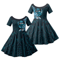 Asut Guam Chamorro Family Matching Off The Shoulder Long Sleeve Dress and Hawaiian Shirt Guahan Seal Tattoo LT14 Daughter's Dress Blue - Polynesian Pride
