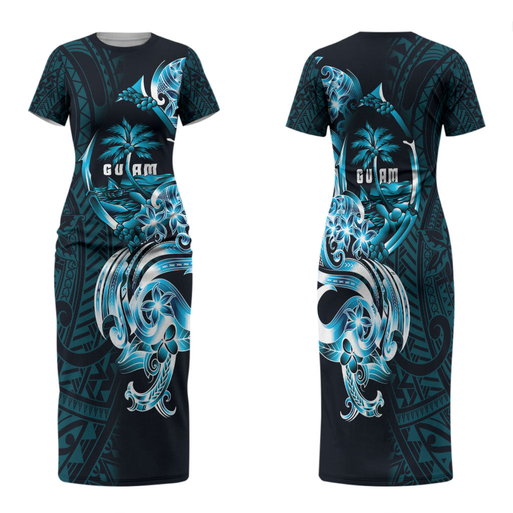 Asut Guam Chamorro Family Matching Short Sleeve Bodycon Dress and Hawaiian Shirt Guahan Seal Tattoo LT14 Mom's Dress Blue - Polynesian Pride