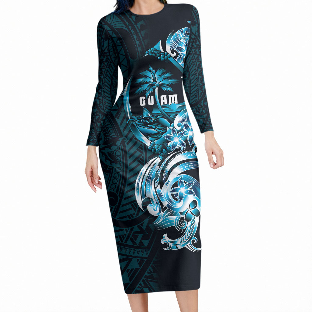 Asut Guam Chamorro Long Sleeve Bodycon Dress Guahan Seal Tattoo LT14 Long Dress Blue - Polynesian Pride