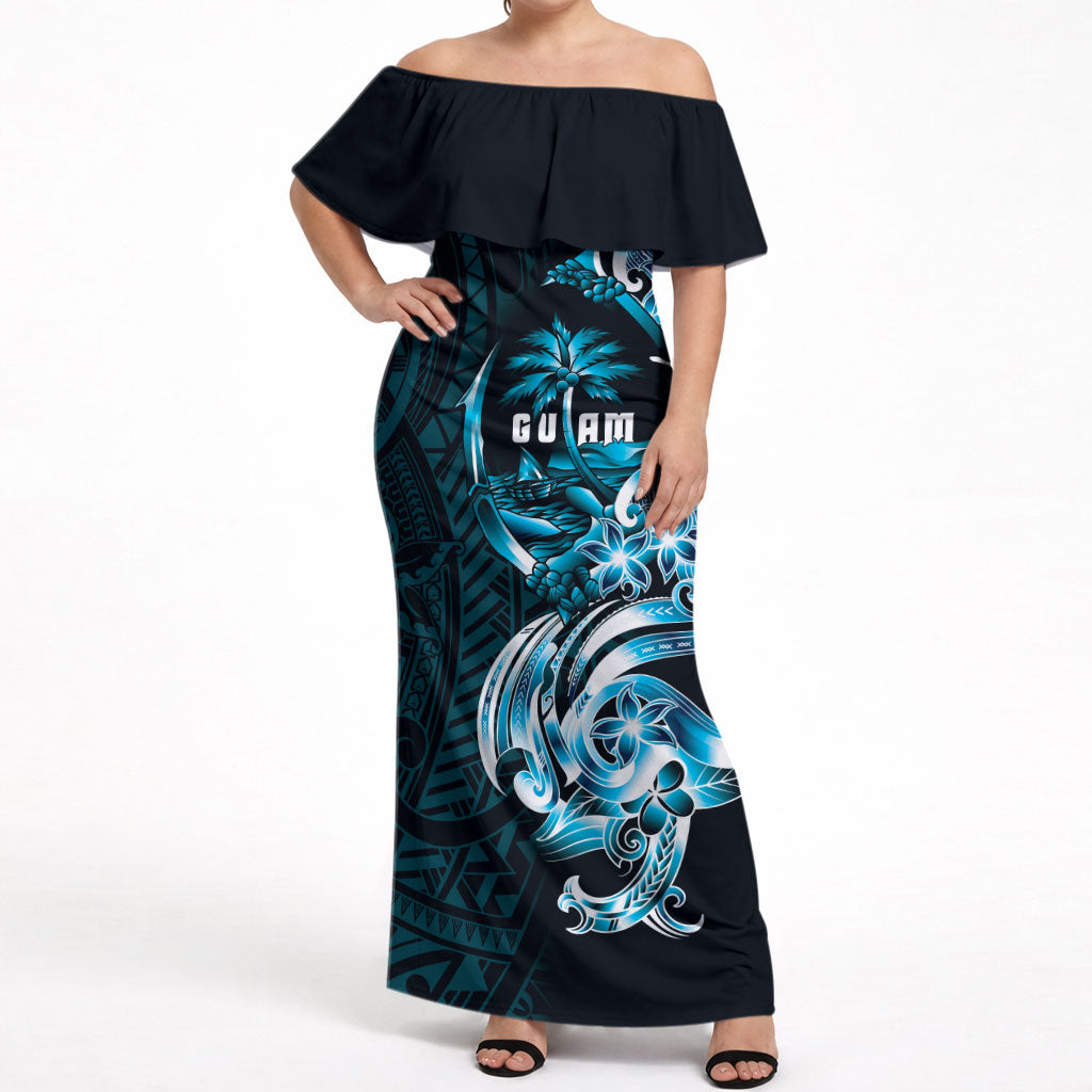Asut Guam Chamorro Off Shoulder Maxi Dress Guahan Seal Tattoo LT14 Women Blue - Polynesian Pride