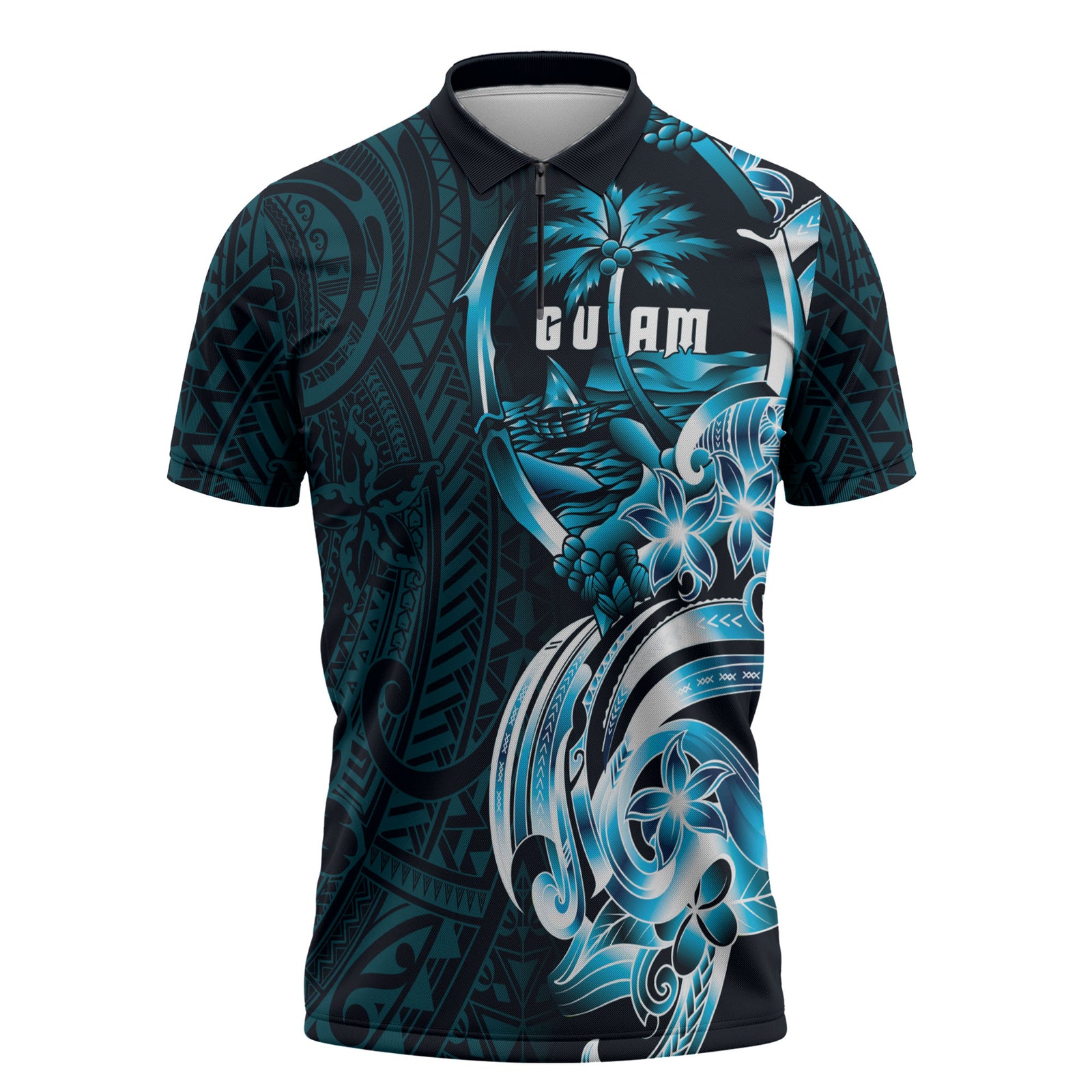 Asut Guam Chamorro Zipper Polo Shirt Guahan Seal Tattoo LT14 Blue - Polynesian Pride
