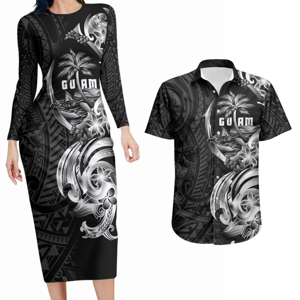 Attelong Guam Chamorro Couples Matching Long Sleeve Bodycon Dress and Hawaiian Shirt Guahan Seal Tattoo LT14 Black - Polynesian Pride