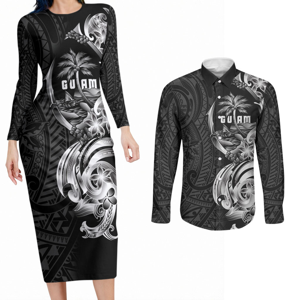 Attelong Guam Chamorro Couples Matching Long Sleeve Bodycon Dress and Long Sleeve Button Shirt Guahan Seal Tattoo LT14 Black - Polynesian Pride