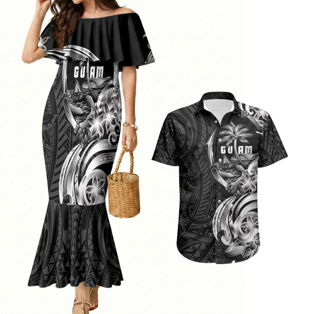 Attelong Guam Chamorro Couples Matching Mermaid Dress and Hawaiian Shirt Guahan Seal Tattoo LT14 Black - Polynesian Pride