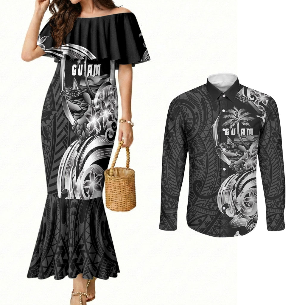 Attelong Guam Chamorro Couples Matching Mermaid Dress and Long Sleeve Button Shirt Guahan Seal Tattoo LT14 Black - Polynesian Pride