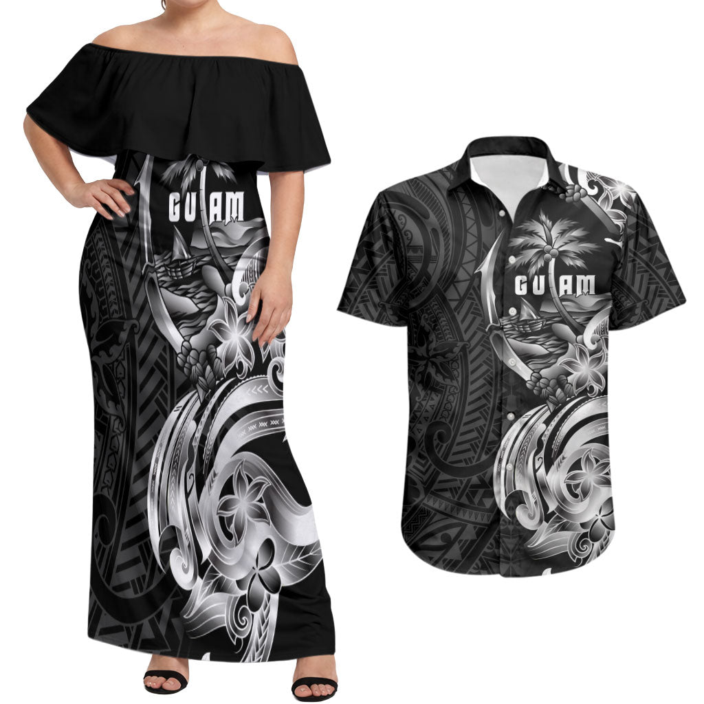 Attelong Guam Chamorro Couples Matching Off Shoulder Maxi Dress and Hawaiian Shirt Guahan Seal Tattoo LT14 Black - Polynesian Pride