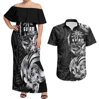 Attelong Guam Chamorro Couples Matching Off Shoulder Maxi Dress and Hawaiian Shirt Guahan Seal Tattoo LT14 Black - Polynesian Pride