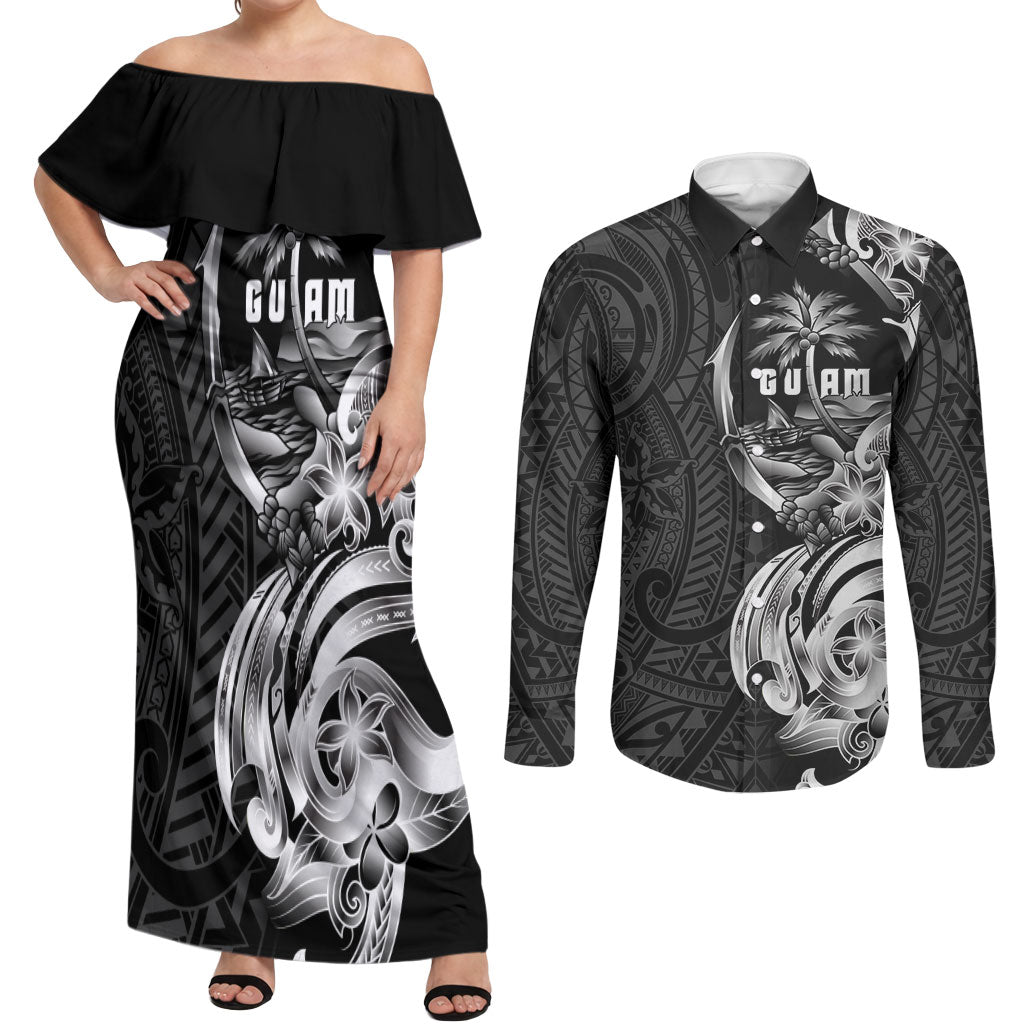 Attelong Guam Chamorro Couples Matching Off Shoulder Maxi Dress and Long Sleeve Button Shirt Guahan Seal Tattoo LT14 Black - Polynesian Pride