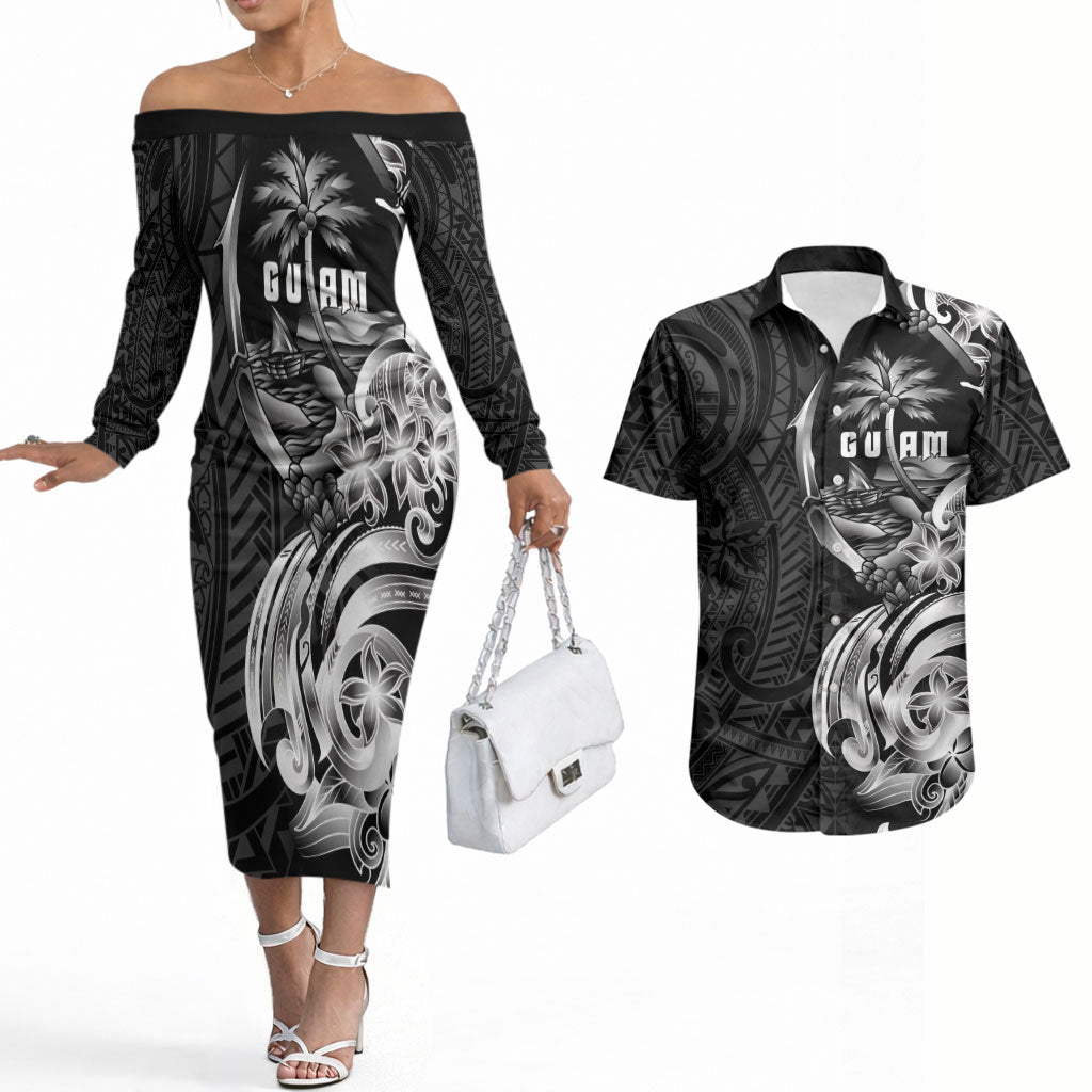 Attelong Guam Chamorro Couples Matching Off The Shoulder Long Sleeve Dress and Hawaiian Shirt Guahan Seal Tattoo LT14 Black - Polynesian Pride