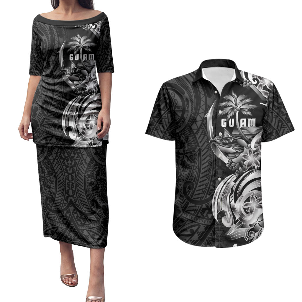 Attelong Guam Chamorro Couples Matching Puletasi and Hawaiian Shirt Guahan Seal Tattoo LT14 Black - Polynesian Pride