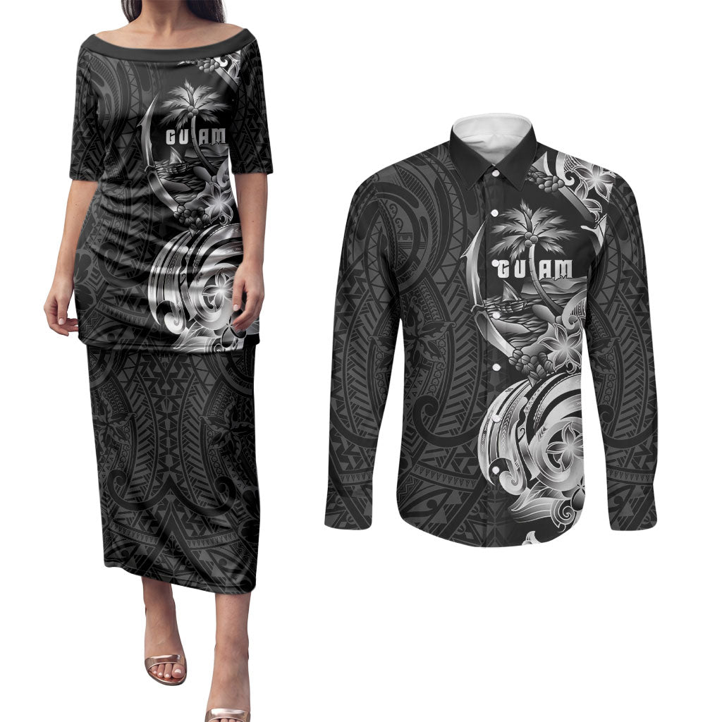 Attelong Guam Chamorro Couples Matching Puletasi and Long Sleeve Button Shirt Guahan Seal Tattoo LT14 Black - Polynesian Pride