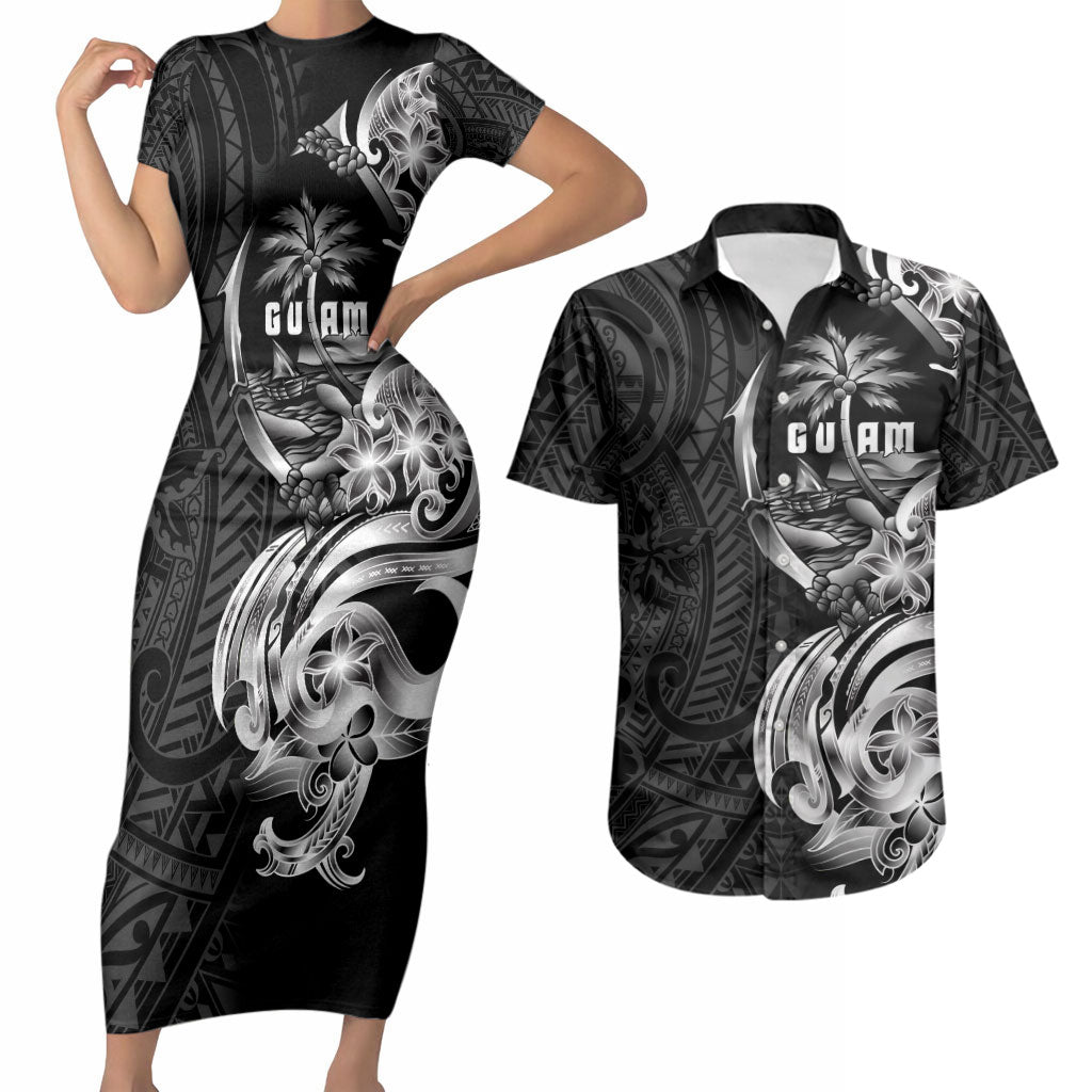 Attelong Guam Chamorro Couples Matching Short Sleeve Bodycon Dress and Hawaiian Shirt Guahan Seal Tattoo LT14 Black - Polynesian Pride