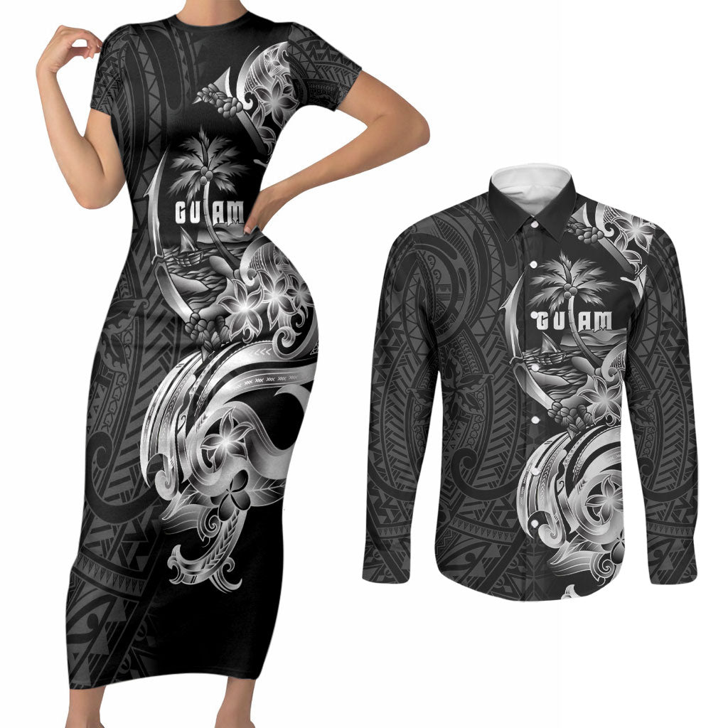 Attelong Guam Chamorro Couples Matching Short Sleeve Bodycon Dress and Long Sleeve Button Shirt Guahan Seal Tattoo LT14 Black - Polynesian Pride