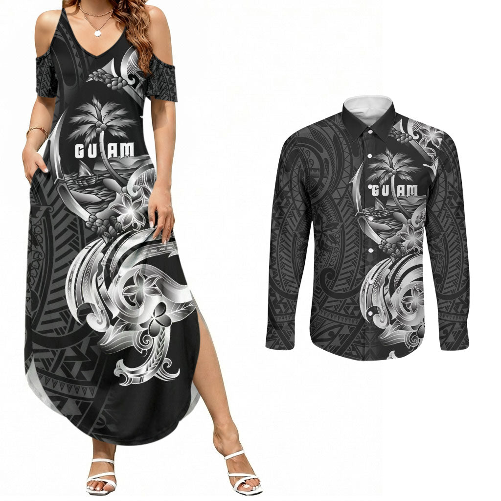 Attelong Guam Chamorro Couples Matching Summer Maxi Dress and Long Sleeve Button Shirt Guahan Seal Tattoo LT14 Black - Polynesian Pride