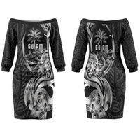 Attelong Guam Chamorro Family Matching Off The Shoulder Long Sleeve Dress and Hawaiian Shirt Guahan Seal Tattoo LT14 Mom's Dress Black - Polynesian Pride