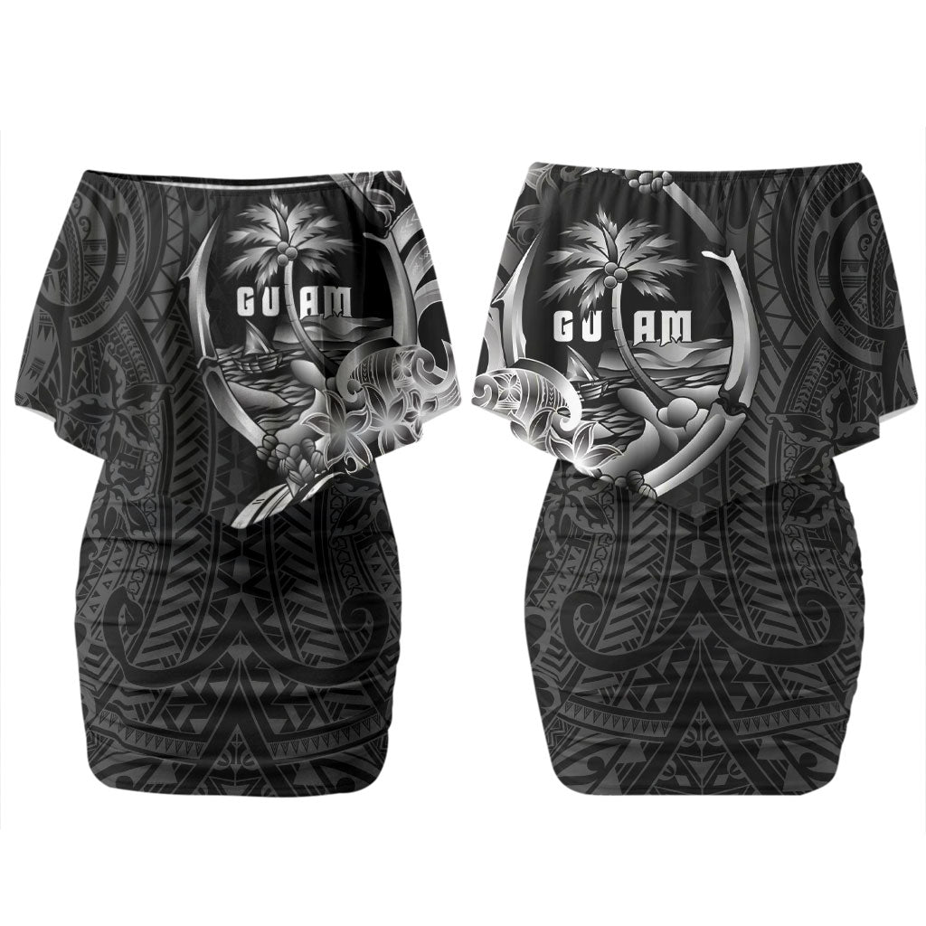 Attelong Guam Chamorro Family Matching Off Shoulder Short Dress and Hawaiian Shirt Guahan Seal Tattoo LT14 Mom's Dress Black - Polynesian Pride