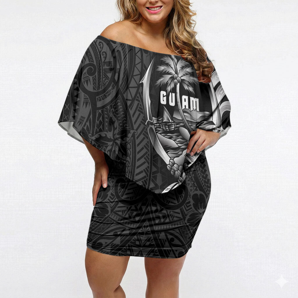 Attelong Guam Chamorro Off Shoulder Short Dress Guahan Seal Tattoo LT14 Women Black - Polynesian Pride