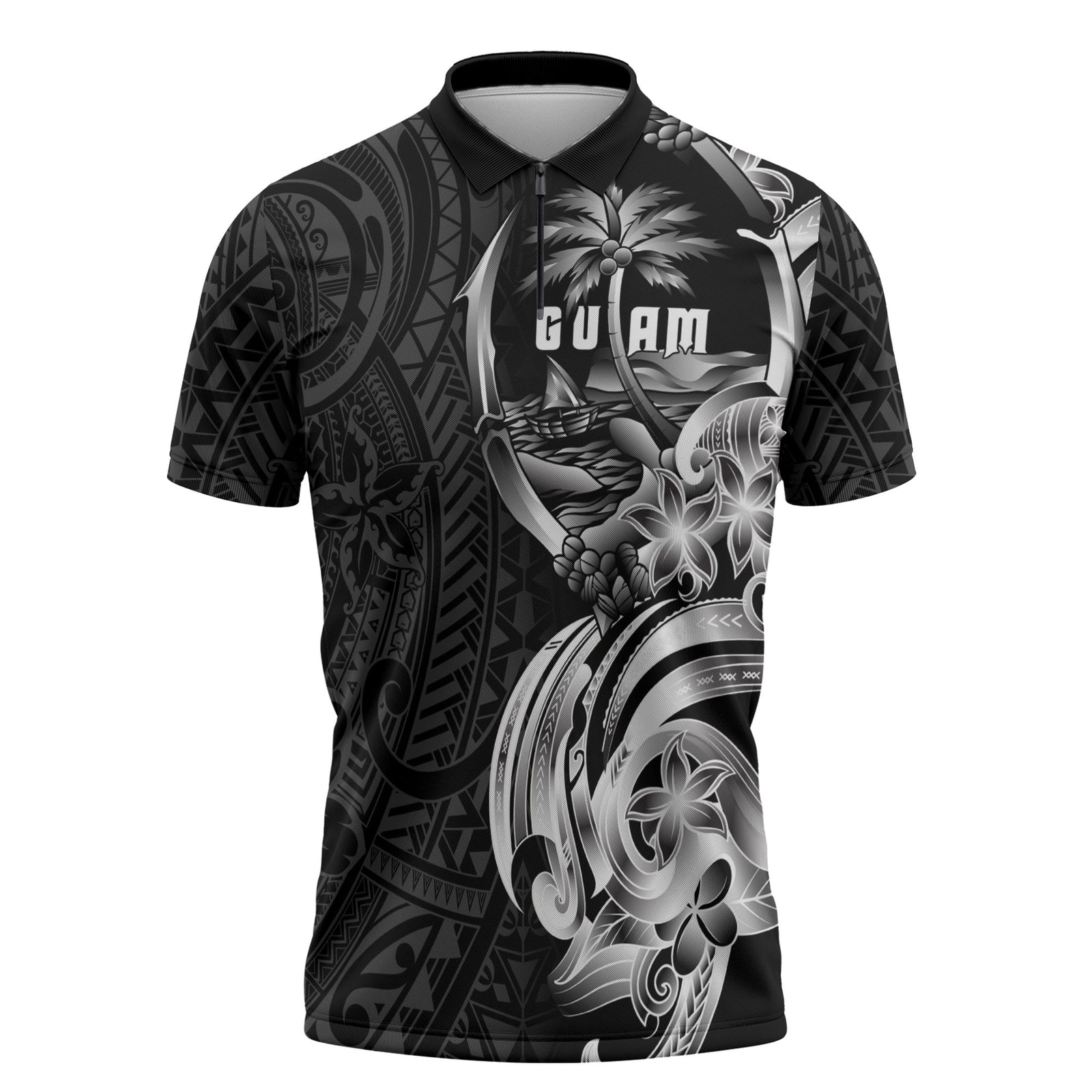 Attelong Guam Chamorro Zipper Polo Shirt Guahan Seal Tattoo LT14 Black - Polynesian Pride