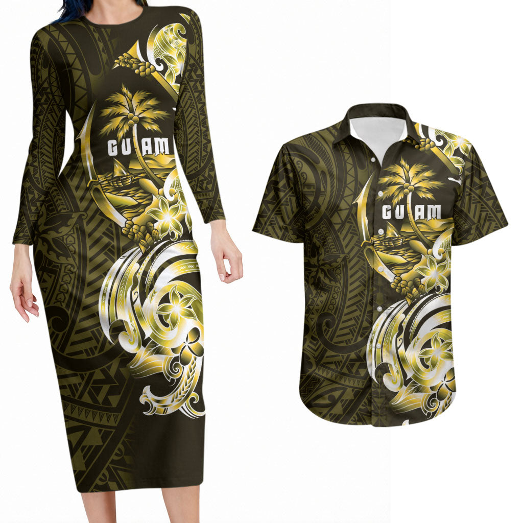 Amariyu Guam Chamorro Couples Matching Long Sleeve Bodycon Dress and Hawaiian Shirt Guahan Seal Tattoo LT14 Yellow - Polynesian Pride