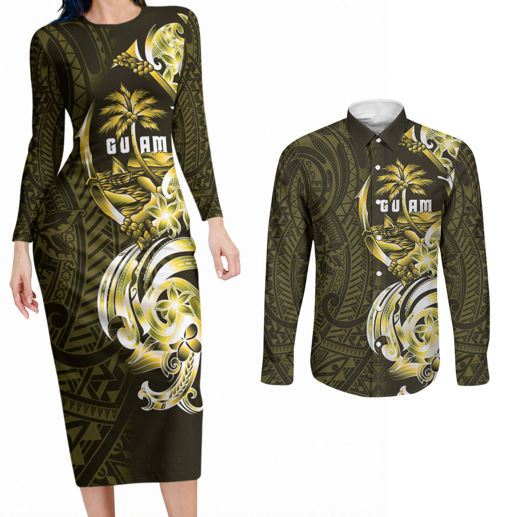 Amariyu Guam Chamorro Couples Matching Long Sleeve Bodycon Dress and Long Sleeve Button Shirt Guahan Seal Tattoo LT14 Yellow - Polynesian Pride