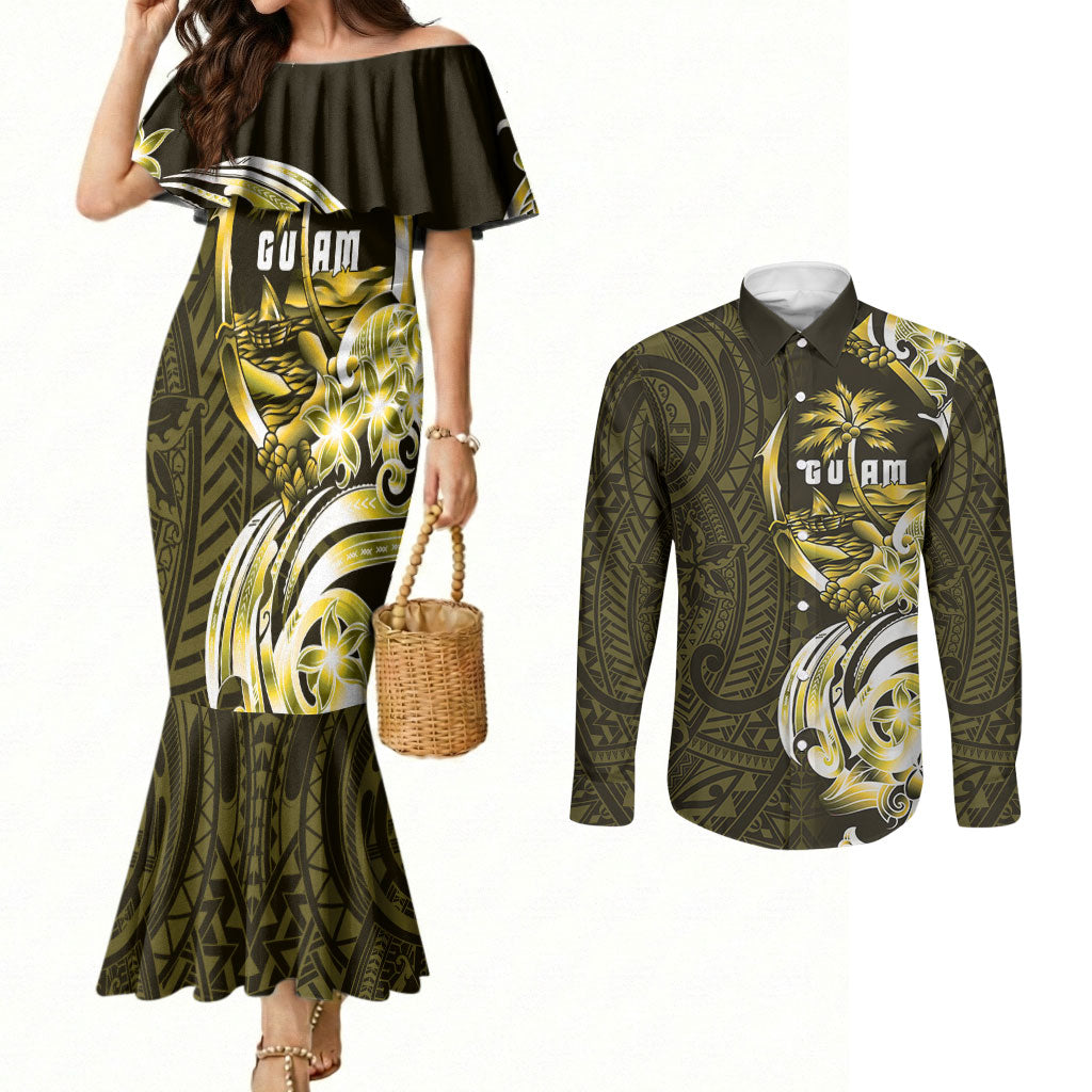 Amariyu Guam Chamorro Couples Matching Mermaid Dress and Long Sleeve Button Shirt Guahan Seal Tattoo LT14 Yellow - Polynesian Pride