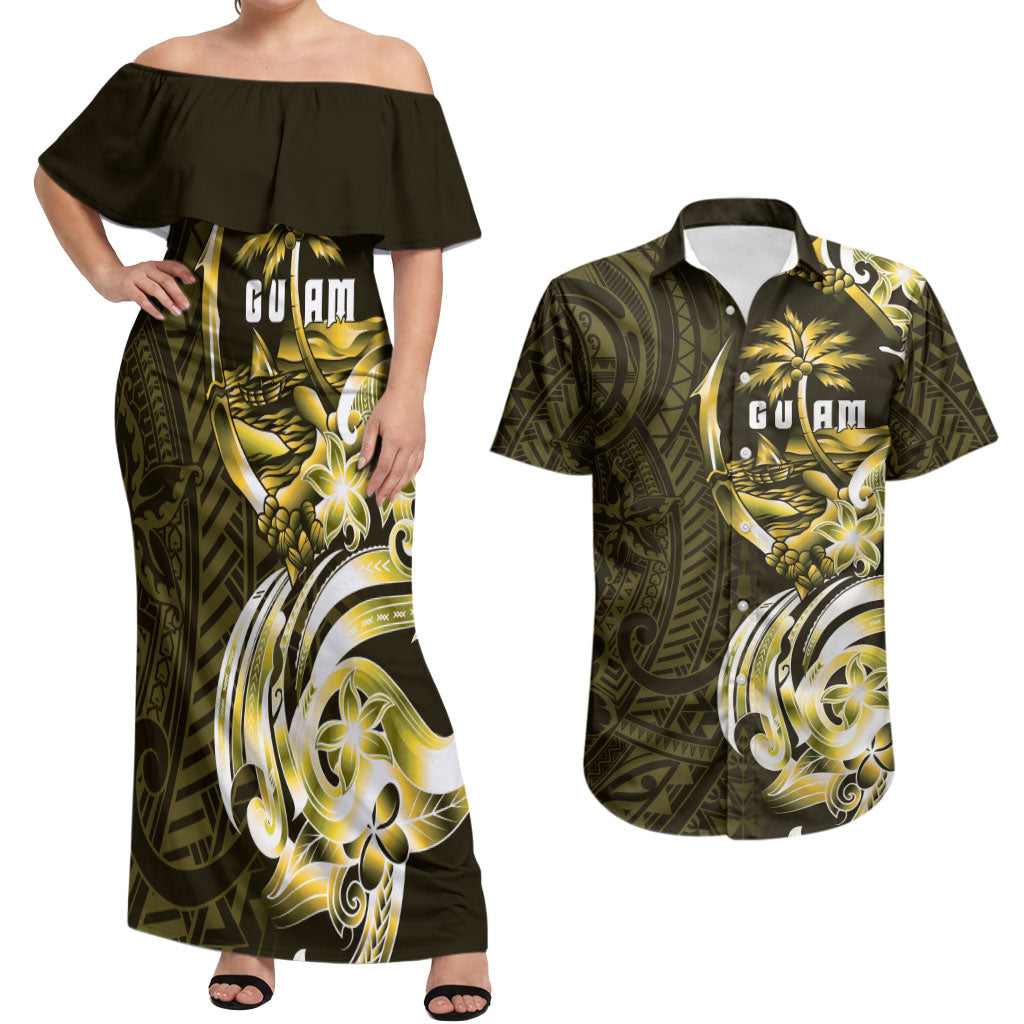 Amariyu Guam Chamorro Couples Matching Off Shoulder Maxi Dress and Hawaiian Shirt Guahan Seal Tattoo LT14 Yellow - Polynesian Pride