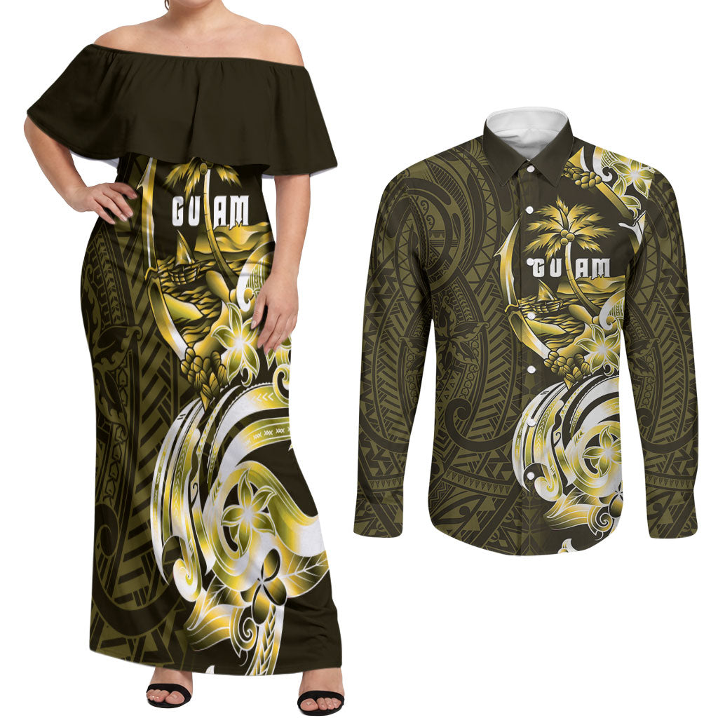 Amariyu Guam Chamorro Couples Matching Off Shoulder Maxi Dress and Long Sleeve Button Shirt Guahan Seal Tattoo LT14 Yellow - Polynesian Pride